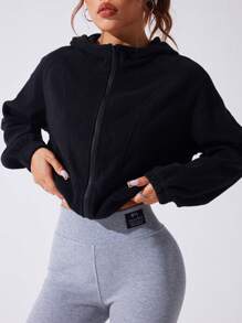 SHEIN Áo khoác thể thao giản dị tối giản dài tay có khóa kéo trơn - màu đen - Xem 1