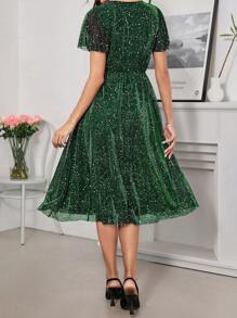 SHEIN Clasi 女式优雅时尚网眼短袖连衣裙，配水钻装饰 - 墨綠色 - 查看 2