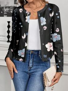 SHEIN Clasi Chaqueta ligera con cuello redondo de manga larga y estampado floral elegante casual para mujer, adecuada para otoño e invierno - Negro - Ver 3