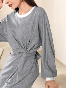 Mulvari Women's Round Neck Batwing Sleeve Waist Twist Open-Hem Casual Sweatshirt Dress, Spring/Autumn Pullover Fall Outfit - Grey - View 6