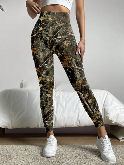 SHEIN EZwear 休闲简约秋季裸枝印花针织女式紧身裤，适合秋冬季