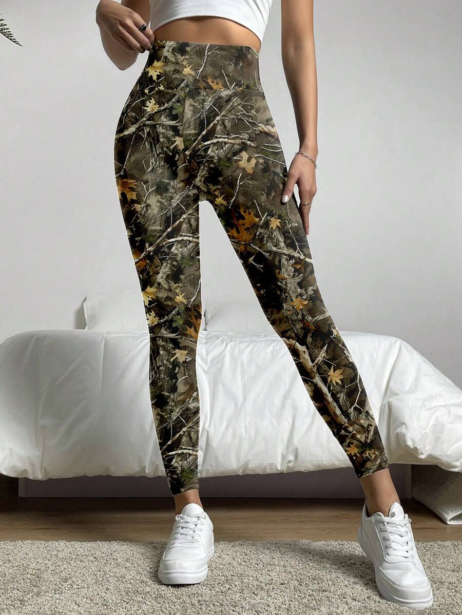 SHEIN EZwear 休闲简约秋季裸枝印花针织女式紧身裤，适合秋冬季