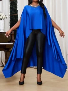 SHEIN Lady Blusa elegante de cuello de barco azul tejida de talla grande para primavera, verano, otoño e invierno con mangas divididas. Trajes elegantes de otoño y verano para curvas en azul real - Azul - Ver 6