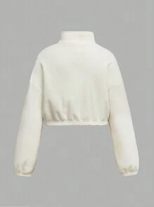 Tween Girls' High Collar Cinched Waist Letter Embroidered Plush Fleece Casual Loose Sweatshirt - White - View 2