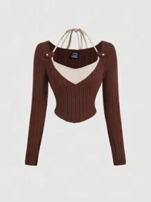 SHEIN MOD 女士棕色毛绒长袖二合一套头衫，冬季服装，棕色上衣，女牛仔服装，保暖衬衫，波西米亚风 - 摩卡棕 - 查看 1
