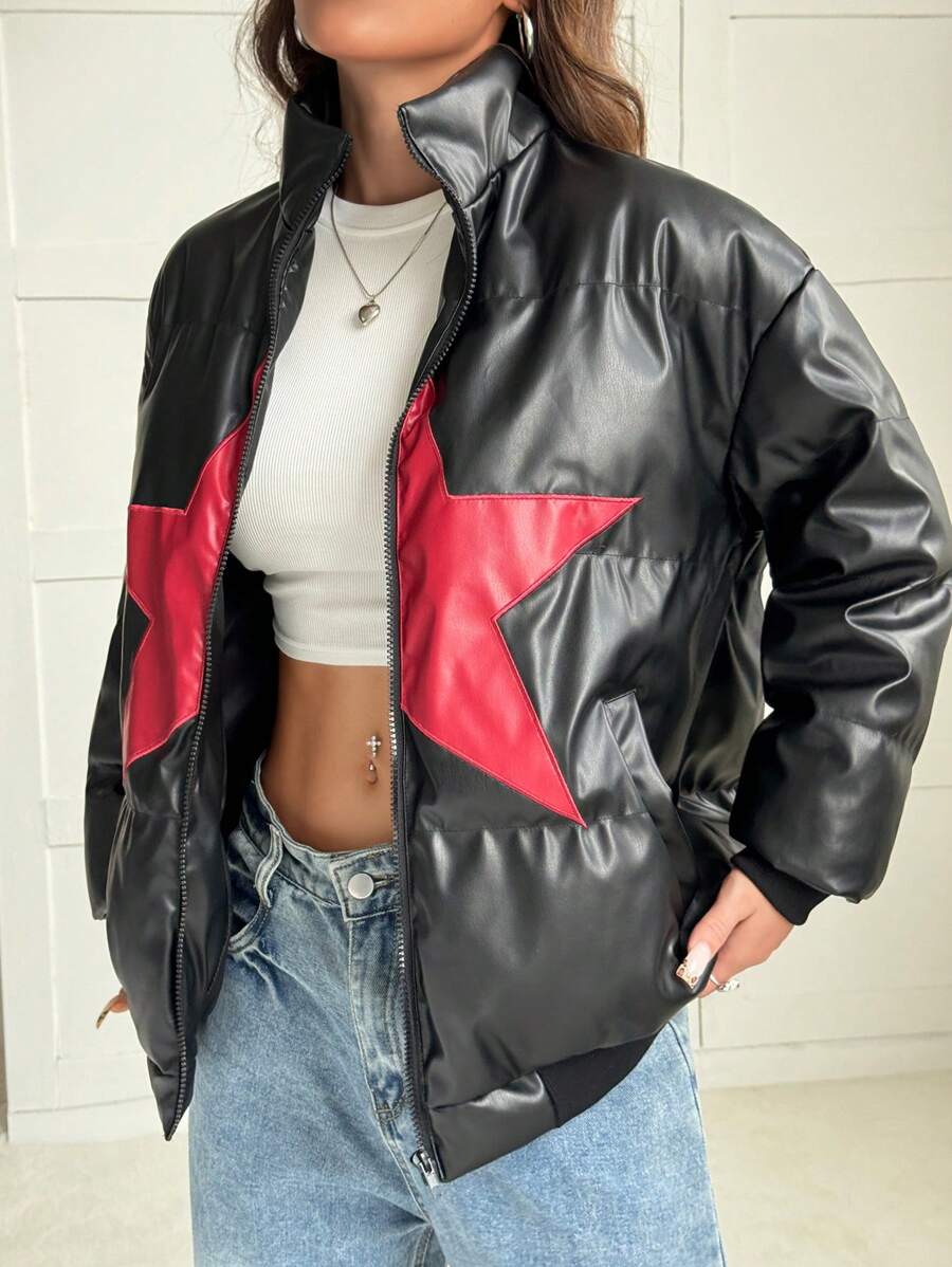 SHEIN EZwear 复古 PU 拼布万圣节棉服外套 - 黑色 - 查看 1