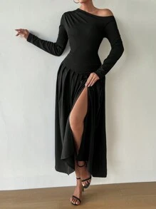 Chiquease Women Elegant Figure-Hugging Flared Asymmetrical Neck Bodycon Dress Fall Cloth For Women - Black - View 4