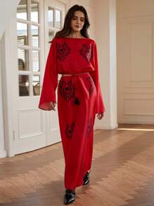 Aveloria Modichic Women's  Embroidery Color Block Design Puff Sleeve Blouse And Drawstring Hem Long Skirt Set, Autumn