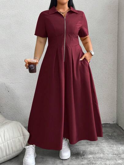 Flirla Plus Size Solid Color Front Zip Short Sleeve Minimalist Pocket Dress Burgundy Women Outfit
