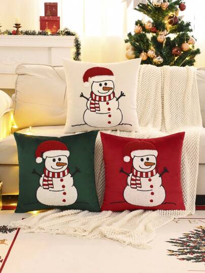 1 件圣诞枕套，毛绒刺绣雪人图案，适合客厅或卧室装饰