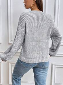 SHEIN PETITE Women's Casual V-Neck Lantern Sleeve Sweater Knit Pullover Fall Winter Outfit - Grey - View 2