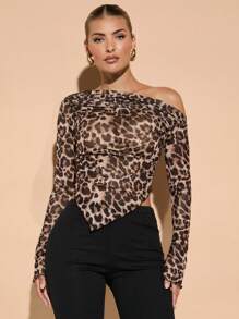 SHEIN BAE Women Leopard Print Off-The-Shoulder Top With Pleated Hem And Asymmetrical Hem - Coffee Brown - View 6