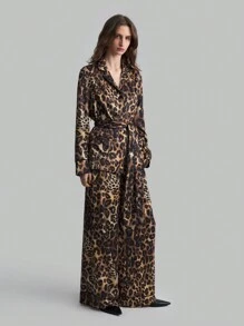 Ontre 女士 2025 新款卡其色豹纹睡衣风格长袖上衣和长裤（配腰带），休闲时尚两件套，春季 - 彩色 - 查看 6