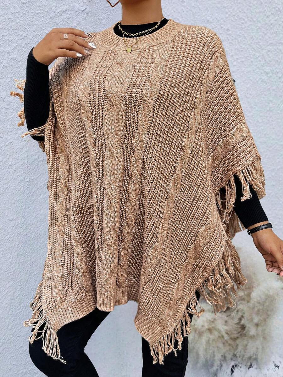 SHEIN LUNE Plus Size Women's Solid Color Fringe Trim Collar & Cuff Pullover Sweater, Autumn/Winter - Khaki - View 1