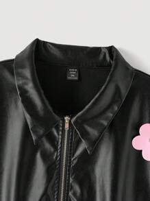 SHEIN MOD Chaqueta retro estampada de flores linda y dulce en tallas grandes, abrigos negros - Negro - Ver 5