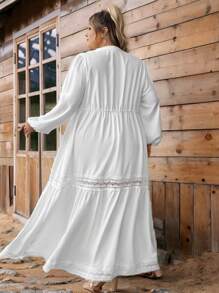 SHEIN CURVE+ 曲线加大码深 V 领纯色荷叶边下摆长袖连衣裙 - 白色 - 查看 2