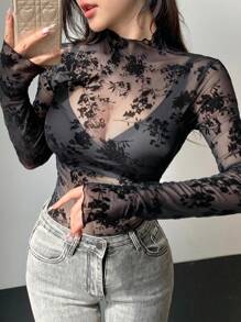 DAZY Áo ren xuyên thấu mới cho nữ mùa thu, áo dài tay mỏng, cổ lọ cho nữ - màu đen - Xem 1