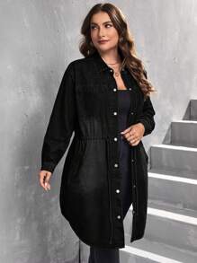 SHEIN ICON Women's Plus Size Solid Color Simple Daily Long Sleeve Denim Jacket, Fall Women Clothes - Black - View 3