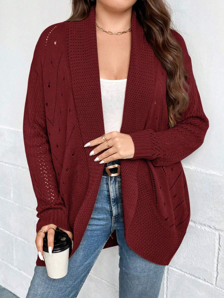 SHEIN LUNE 大码纯色网眼针织休闲开衫 - 酒紅色 - 查看 1