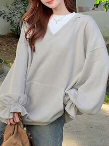 FRIFUL Women's Casual Solid Color Flared Sleeve Oversized Hoodie,Ruffle,Fall Clothes Sweatshirt - Grey - View 7