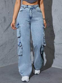 大码女款 Y2K 街头风多口袋直筒男友风牛仔裤