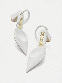 CUCCOO BIZCHIC Apricot Color Mirror Surface Women's Chunky Heel Pumps - White - View 6