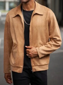 Manfinity Homme 男式纯色前拉链口袋休闲轻便长袖上衣 - 咖啡棕 - 查看 2