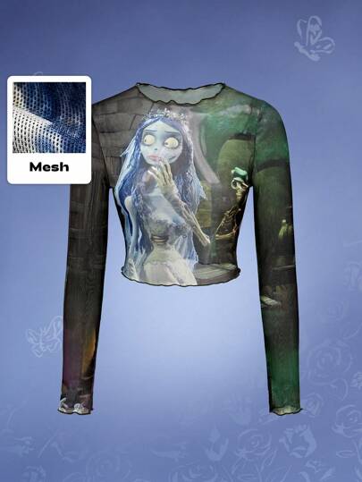 Corpse Bride | ROMWE Parte superior corta con recorte de lechuga, transparente, estampado de personaje de dibujos animados y esqueleto, para mujer, verano, escuela