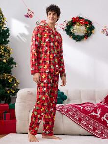 2 件男士格子和圣诞主题印花纽扣前襟衬衫和裤子睡衣套装 - 黑色 - 查看 5