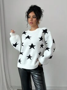 Chiquease Star Jacquard Knitted Pullover Sweater  Fall Winter Outfit - Black and White - View 6