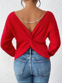 SHEIN Clasi Women's Red Faux Pearl Chain Neck Twist Back Knitted Long Sleeve Sweater,Long Sleeve Tops In Fall/Winter - Red - View 7
