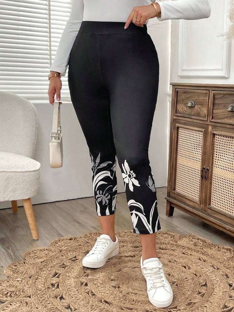 Plus Size Women Pocket Plant Print Skinny Casual Pants
