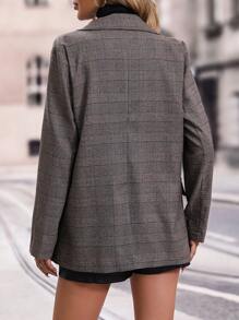 SHEIN Clasi Plaid Print Double Button Blazer - Brown - View 2