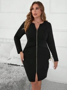 SHEIN Clasi Vestido de manga larga con cierre de cremallera de metal negro ajustado, atuendo de otoño para maestros de talla grande - Negro - Ver 6