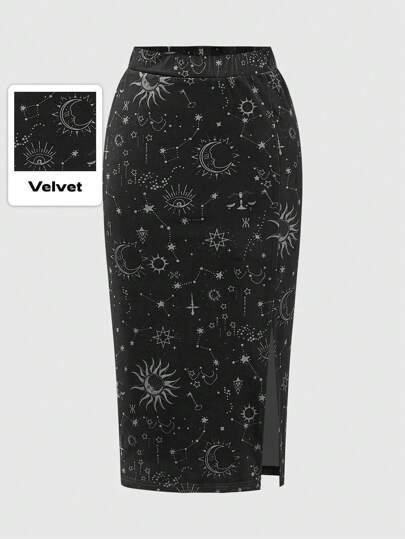 Goth Elegant And Romantic Velvet Skirt With Moon, Star And Celestial Print, Elastic Waist And Slit