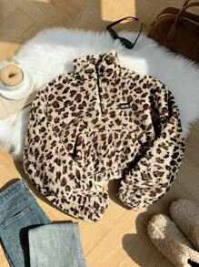 Comfortcana Women's Leopard Print Fleece Zip-Up Front Pocket Casual Sweatshirt,Long Sleeve Tops In Fall/Winter - Apricot - View 5