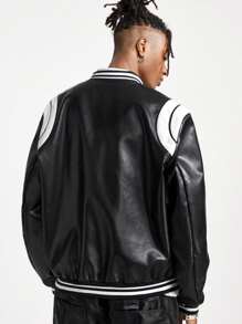 Manfinity VCAY Men's Loose Fit PU Leather Long Sleeve Jacket & Coats, For Fall Winter - Black - View 2