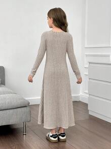 SHEIN Leap Crew Tween Girls Fitted Casual Crew Neck Button Front Long Sleeve Minimalist Waist A-Line Dress - Apricot - View 2