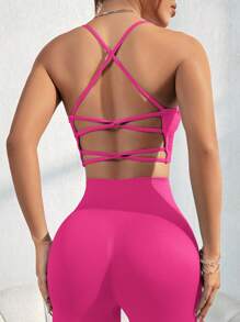 SHEIN Sports Bộ đồ thể thao liền mạch không dây hở lưng màu trơn & quần 7/8 dành cho nữ Bộ đồ tập luyện quần legging cho nữ - Màu Hồng Tươi - Xem 2