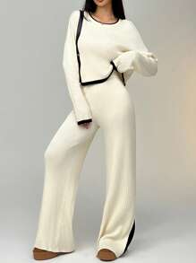 SHEIN EZwear 2pcs Women Casual Contrast Trim Sweater And Pants Set, Spring And Fall - Beige - View 5