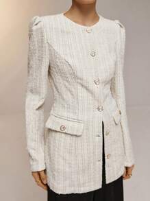 Poéselle Áo khoác dệt kim dài tay màu be vải tuýt phong cách sang trọng dành cho nữ, có lót, thanh lịch và quyến rũ, thiết kế xẻ gấu, hai túi bên, quần áo mùa thu cho nữ, áo khoác tuýt, phù hợp cho những dịp trang trọng trong công việc, những dịp đi chơi, quần áo dự tiệc cho nữ - Màu be - Xem 2