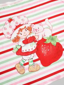 Strawberry Shortcake | ROMWE Áo thun cổ thuyền rộng rãi in họa tiết sọc dâu tây và nhân vật hoạt hình thường ngày cho nữ, mùa hè - Nhiều màu - Xem 2