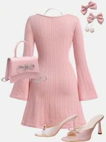 SHEIN 少女蕾丝喇叭袖简约弹力提花粉色二合一针织连衣裙 - 粉色 - 查看 2