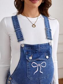 SHEIN Maternity Bow Embroidery Ripped Raw Trim Casual Denim Overall Dress - Medium Wash - View 5