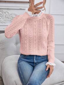 Chiquease 纯色拼布长袖镂空简约套头毛衣，休闲日常 - 淺粉色 - 查看 5