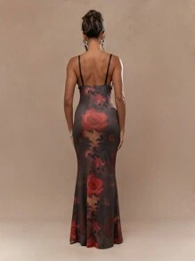 MISSGUIDED Floral Print Patch Spaghetti Strap V Neck Bodycon Flare Hem Maxi Dress - Multicolor - View 2