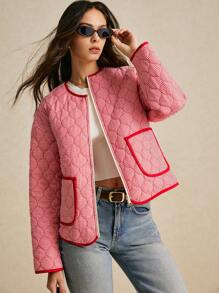 Poéselle Loose Fit Pocket Winter Coat, Striped Printed Contrast Binding, Versatile And Casual