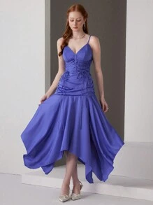 SHEIN Belle 女士不对称下摆细肩带交叉正式晚礼服 - 藍色 - 查看 7