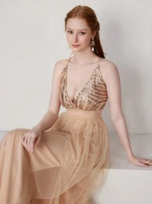 SHEIN Belle Women's Sequin Embellished Split Hem Formal Ball Gown (Heavily Decorated)
