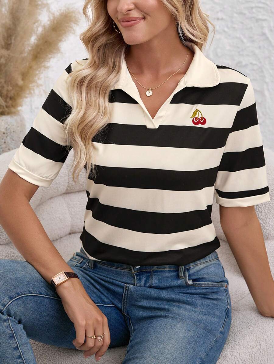 EMERY ROSE Color Block Striped Cherry Printed T-Shirt Graphic Tees Women Tops - Multicolor - View 1